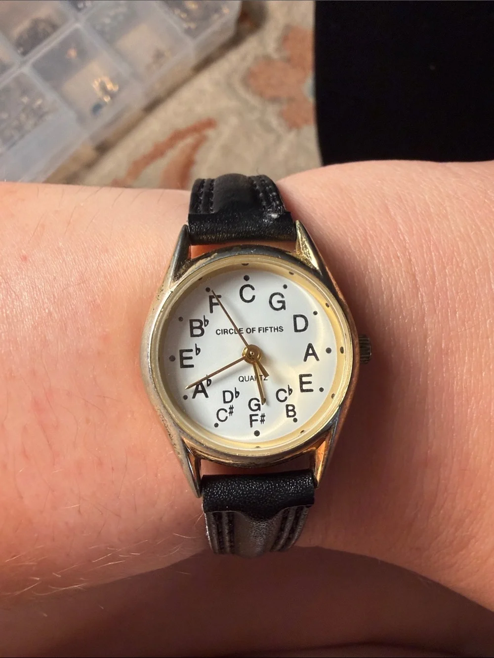 Circle of Fifths Gold-Tone Watch with Black Leather Strap Size 6.5”